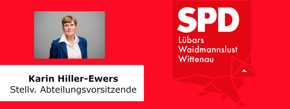 Karin Hiller-Ewers Stellvertretende Abteilungsvorsitzende. Rechts ist das Logo der Abteilung Wittenau Lübars Waidmannslust zu sehen.